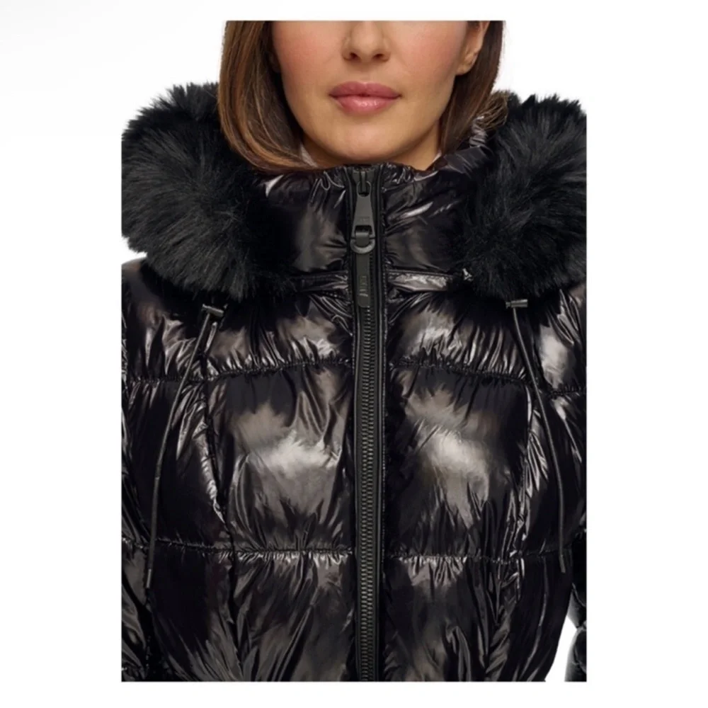 New! DKNY Black Glossy Belted Puffer Coat with Removable Faux Fur Hood - Picture 7 of 16